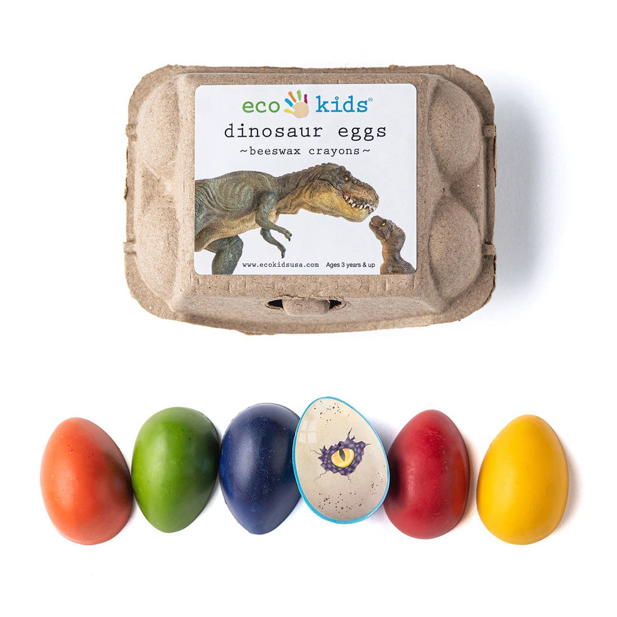 Set of eco-kids dinosaur eggs beeswax crayons with a cardboard packaging featuring a dinosaur illustration.