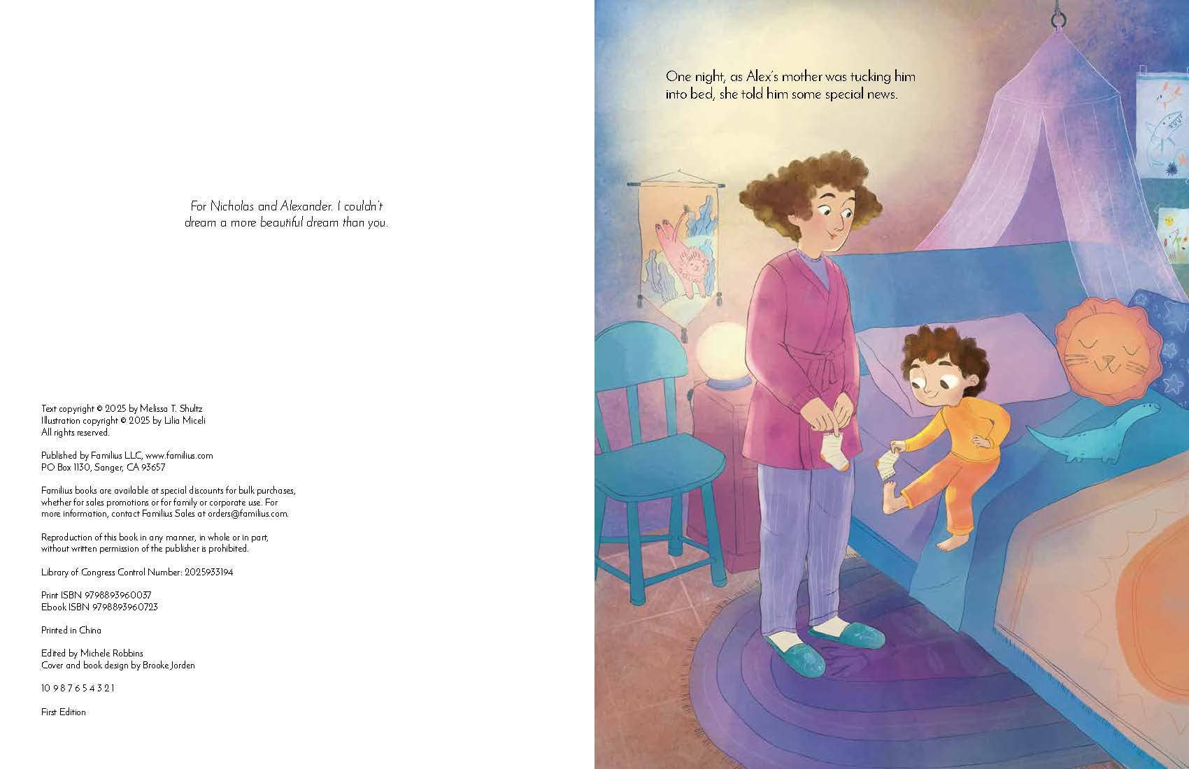 A two-page spread from a children's book showing illustrated cover and interior artwork. The left page contains copyright and publication text on a white background, while the right page shows a cozy bedroom scene with a woman in a purple robe helping a child in an orange outfit climb onto a bed under a lavender canopy.