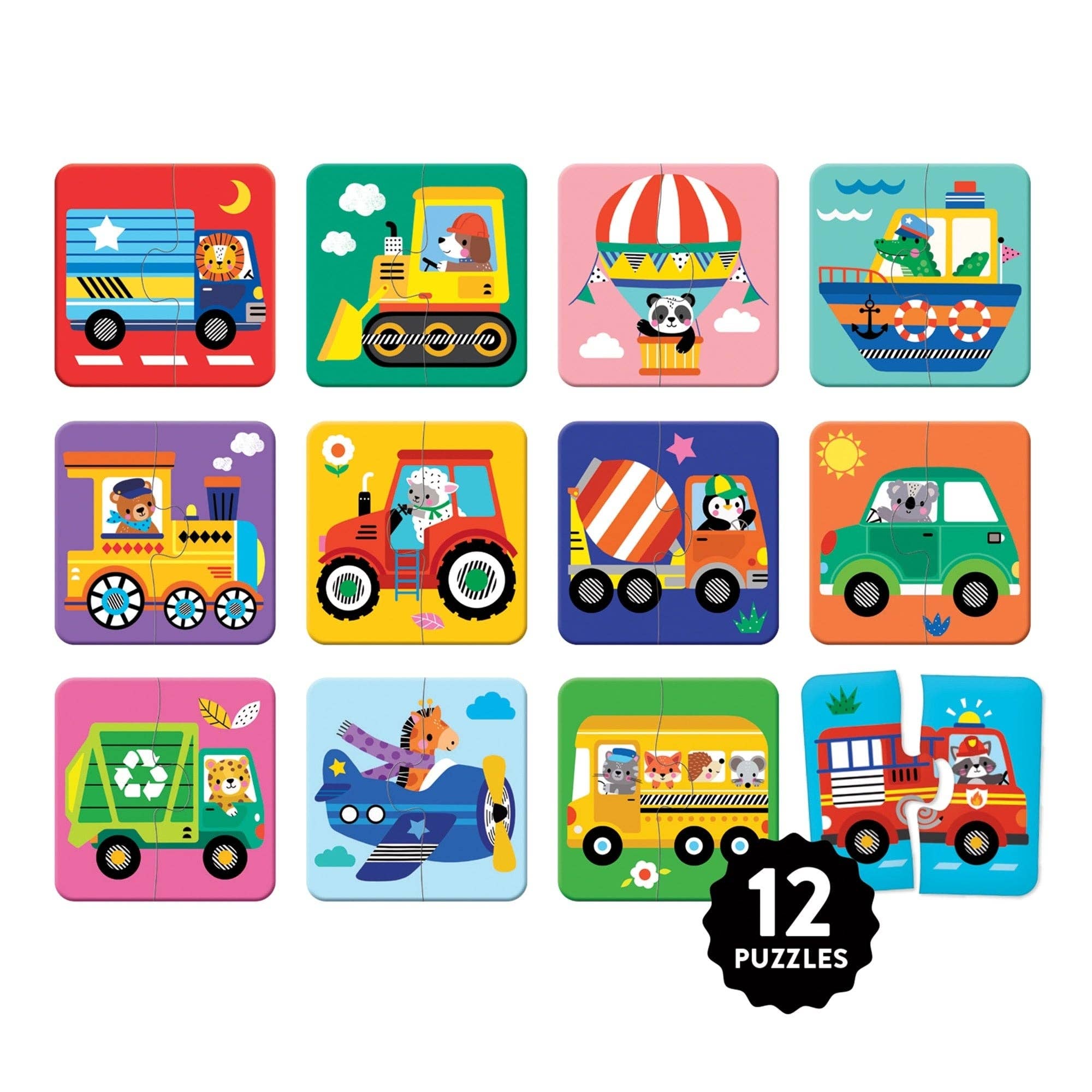 Set of 12 colorful children's puzzles with various vehicles and animals on a white background.
