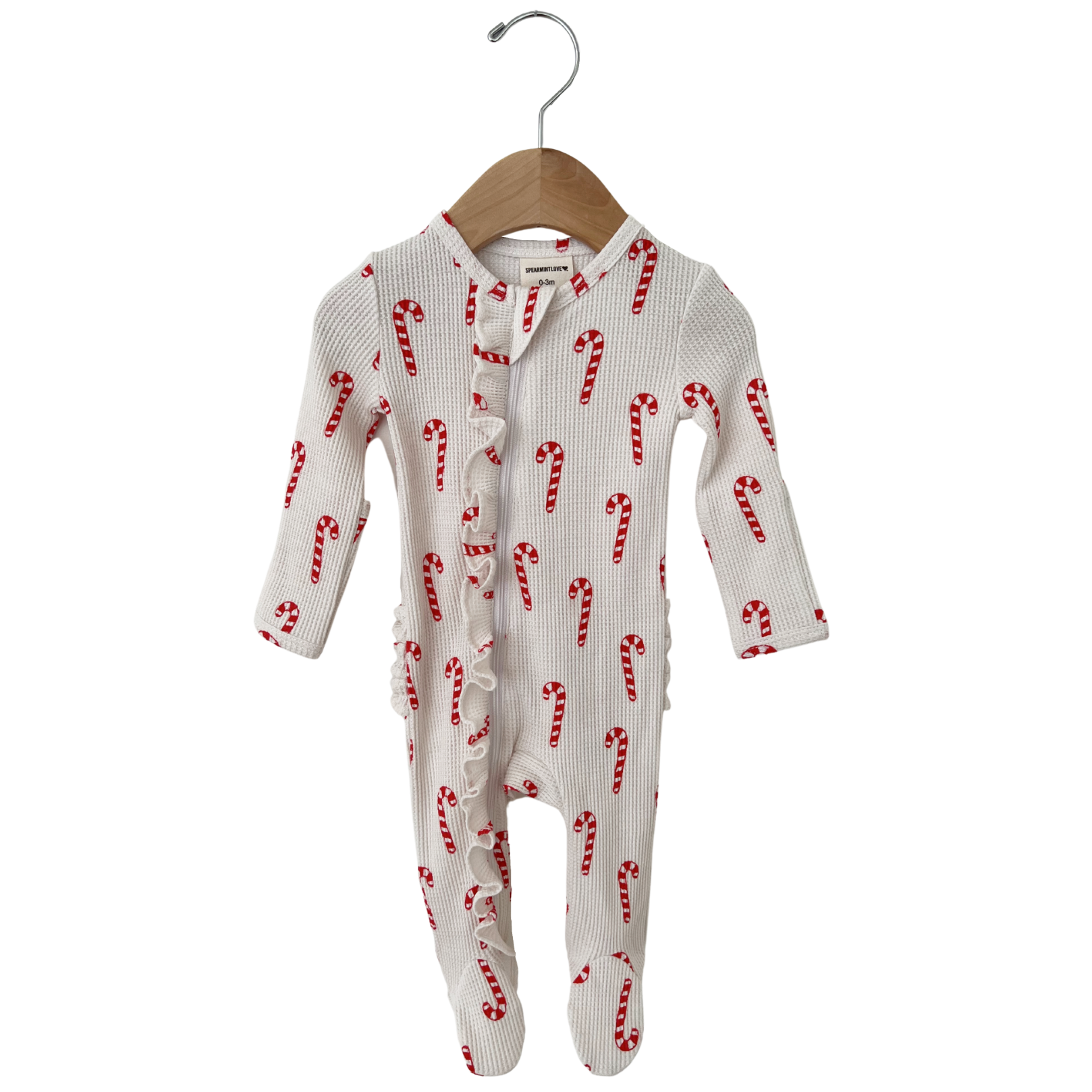 Candy Cane Organic Waffle Ruffle Zip Footie