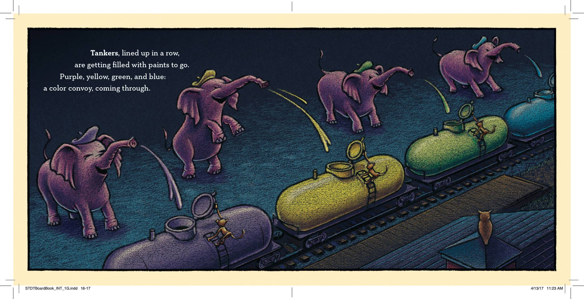 Illustration of elephants with colorful tanks on a train, depicting a color conveyance system.