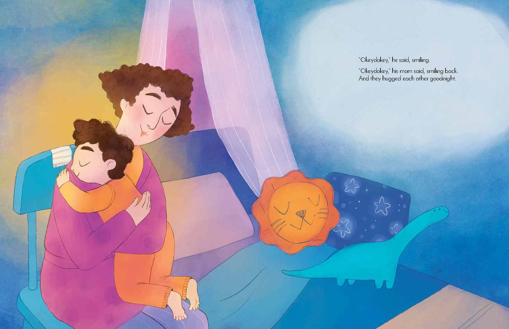 Illustrated children's book page showing a mother and child hugging in bed at night, with a sleeping lion and dinosaur on pillows and a glowing moon in the background. Prescribed text appears on the right side.