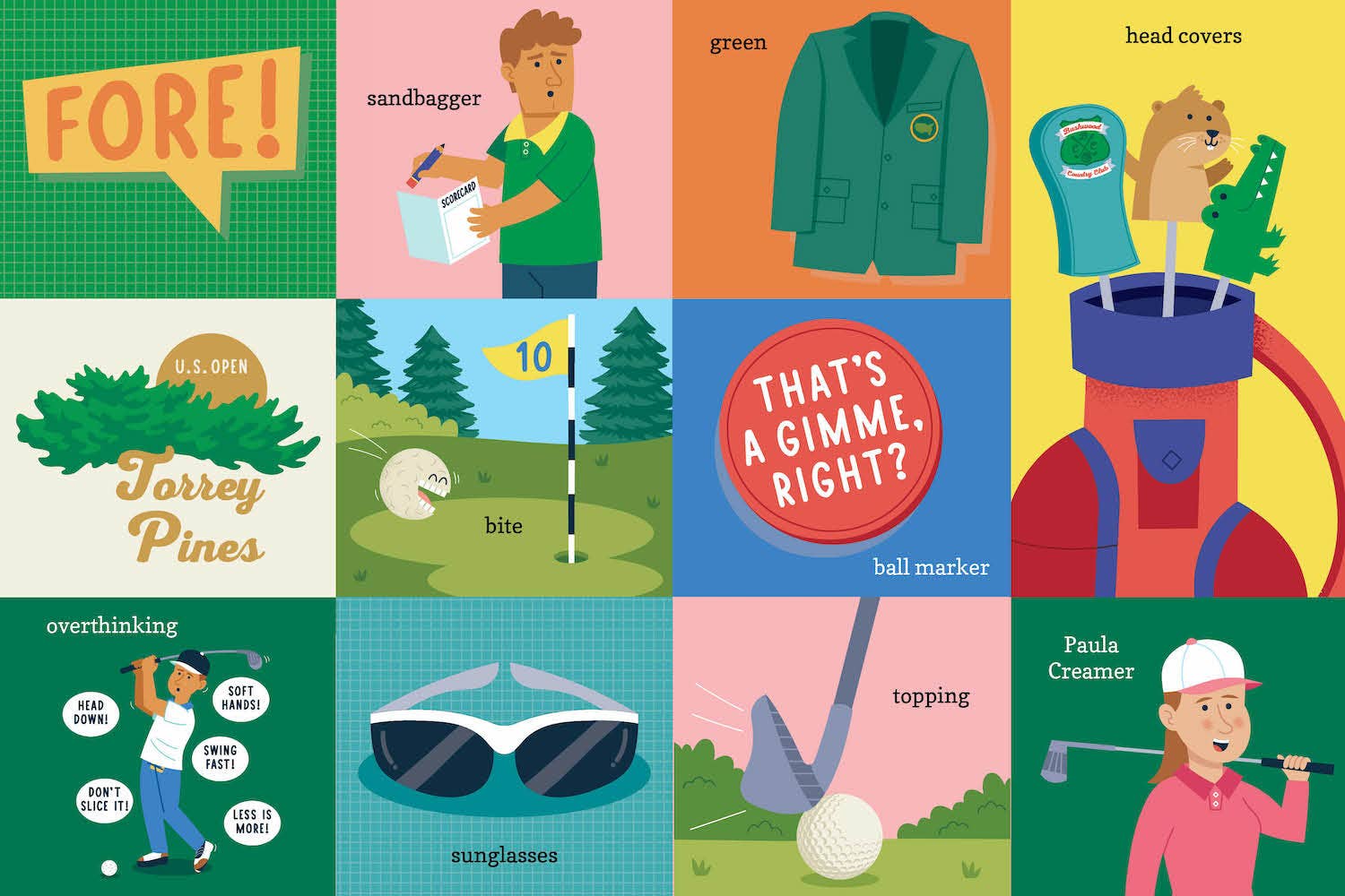 Illustrated book cover with various golf-themed graphics and text.