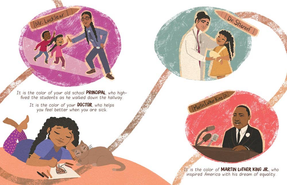 An illustrated educational poster or art print featuring three circular vignettes connected by curved lines. The top-left circle shows a man walking with two children, labeled 'Mr.