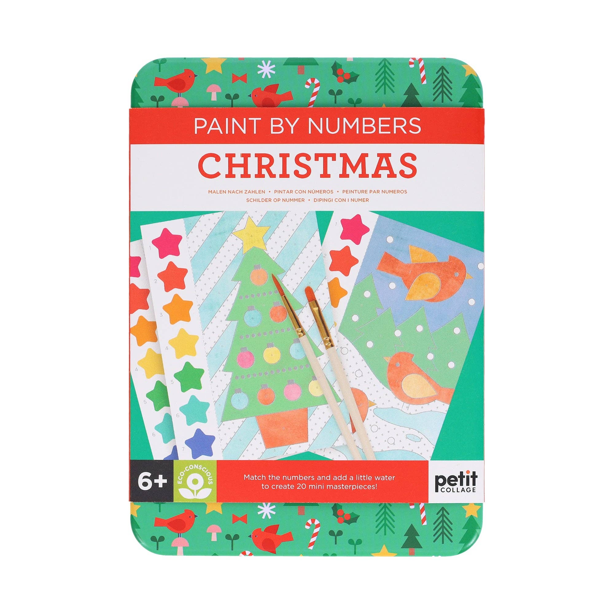 Christmas-themed paint by numbers kit with colorful designs and a brush on a white background.