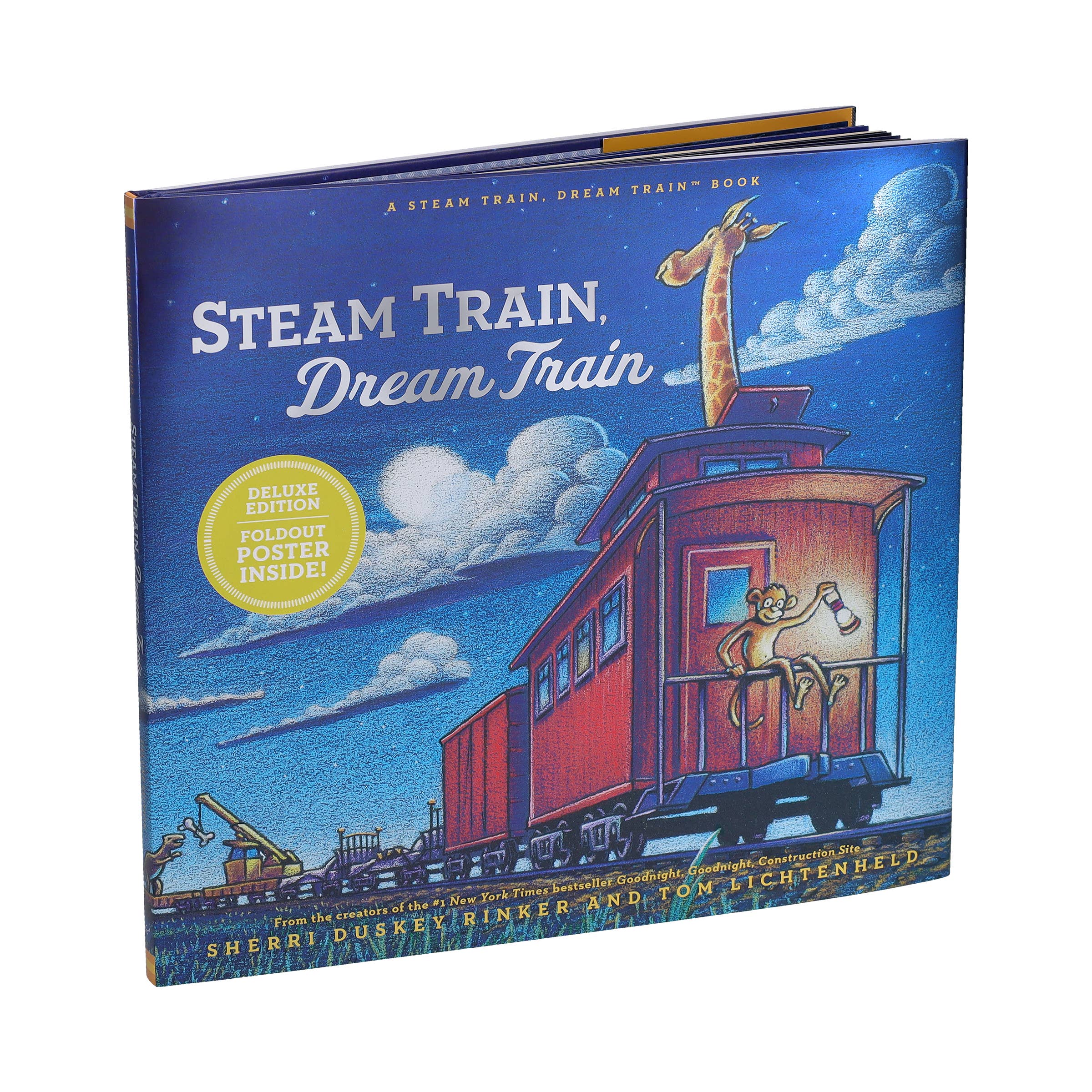 Book cover of 'Steam Train, Dream Train' with a colorful illustration of a train and giraffe.