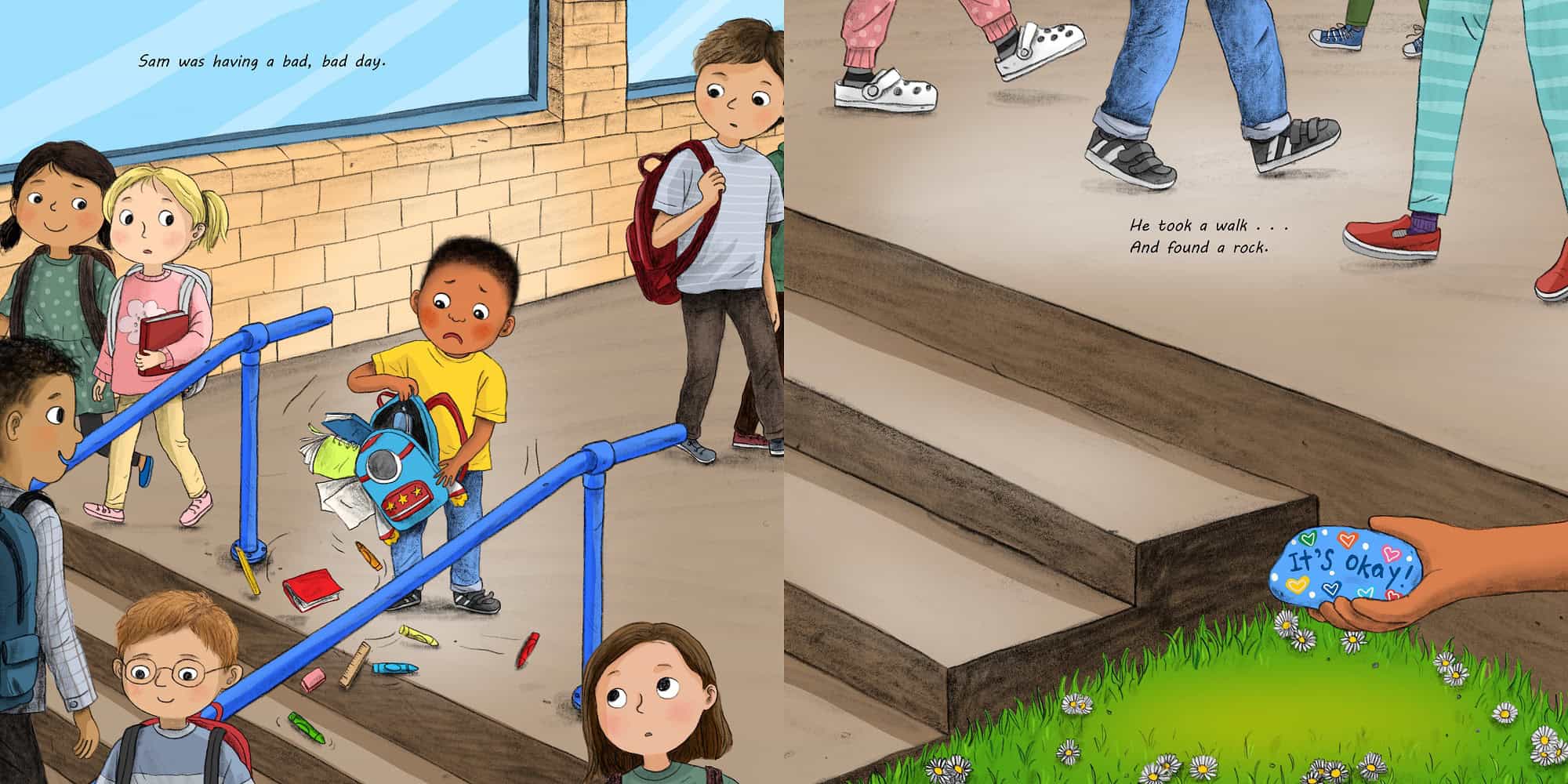 Illustrated schoolyard scene showing children walking along a sidewalk beside a brick building, with one child picking up a blue toy and another child holding a blue heart-shaped stone that says 'It's okay.'.