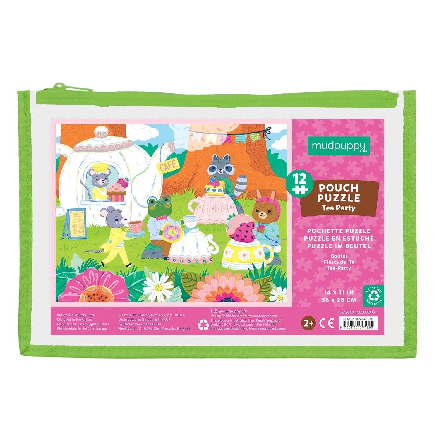 Mudpuppy pouch puzzle packaging with cartoon animals at a tea party on a white background