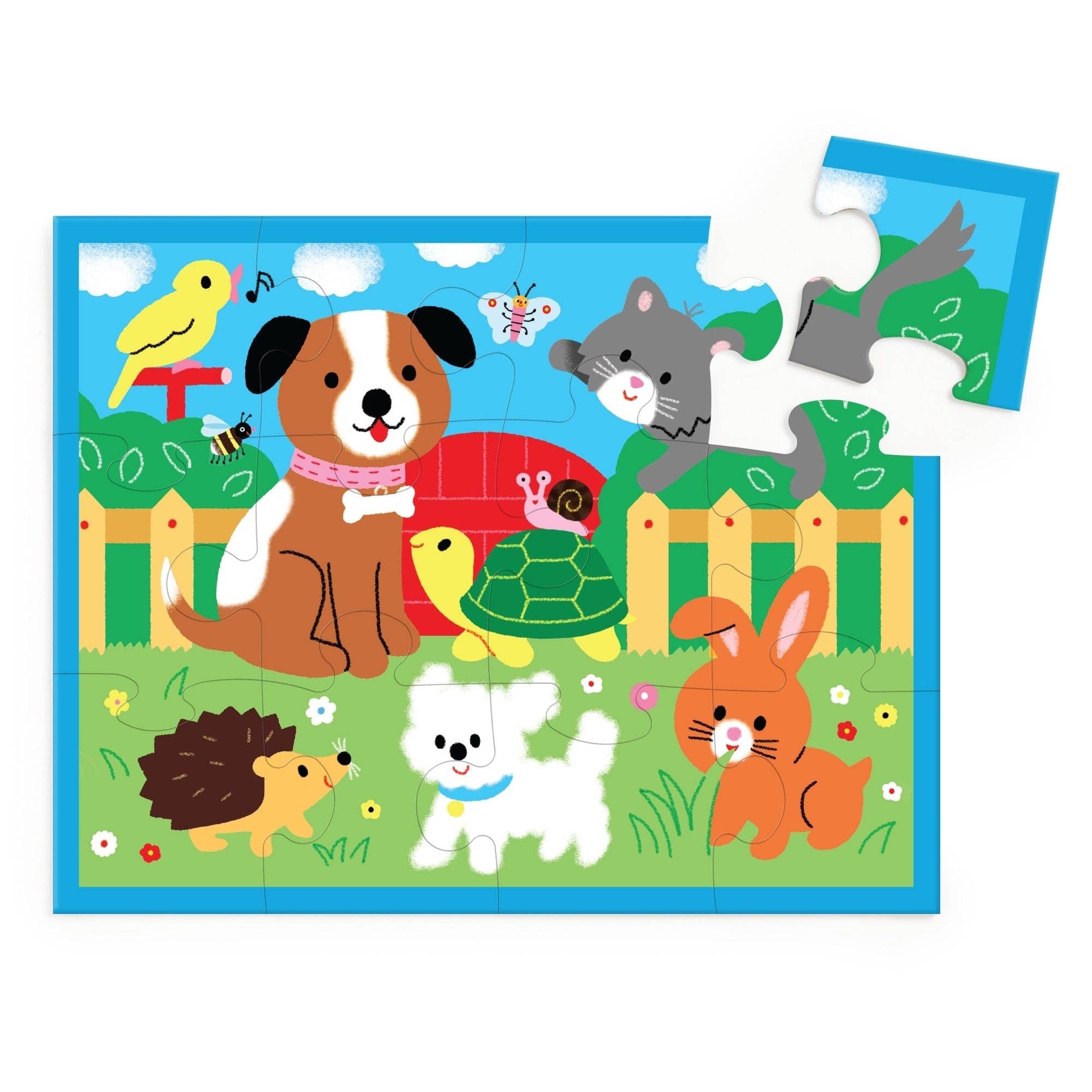 Children's puzzle with animal illustrations on a blue border