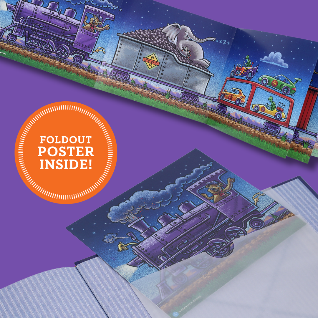 Children's book with a train illustration and a call to action for a foldout poster on a purple background.