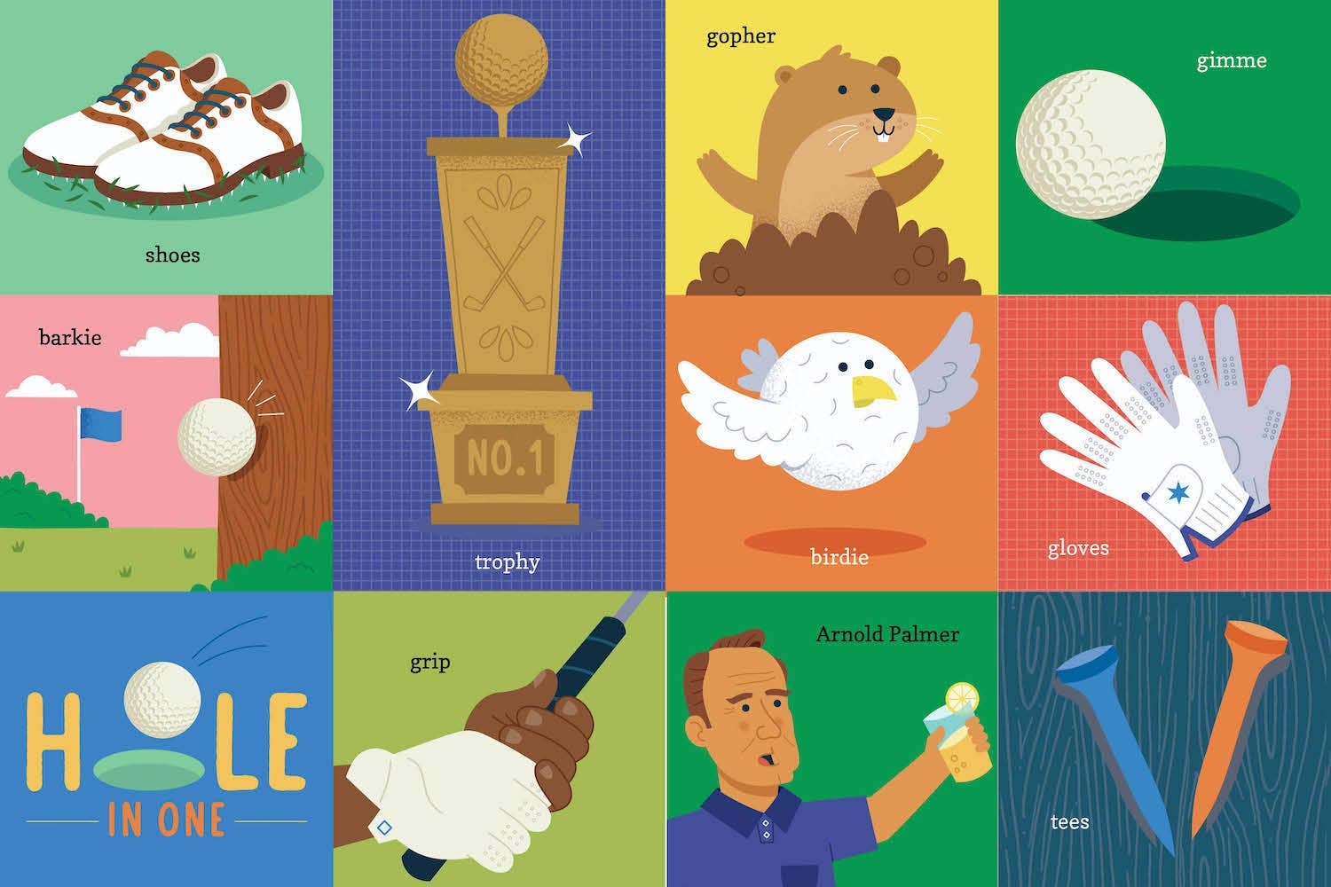 Illustrated grid of golf-themed items including shoes, trophy, gopher, birdie, gloves, and more.