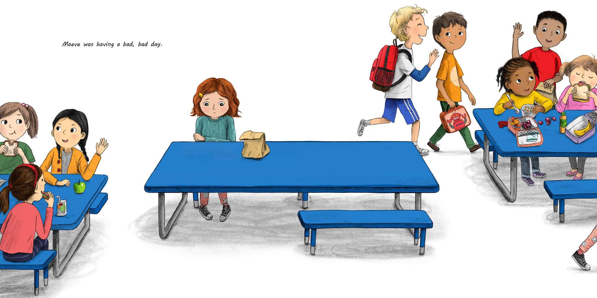 A children's book or illustration showing a school cafeteria scene with multiple kids sitting at tables and walking with backpacks. The center features a large blue table with a paper bag on top, and the caption at the top left reads, 'Mara was having a bad day.