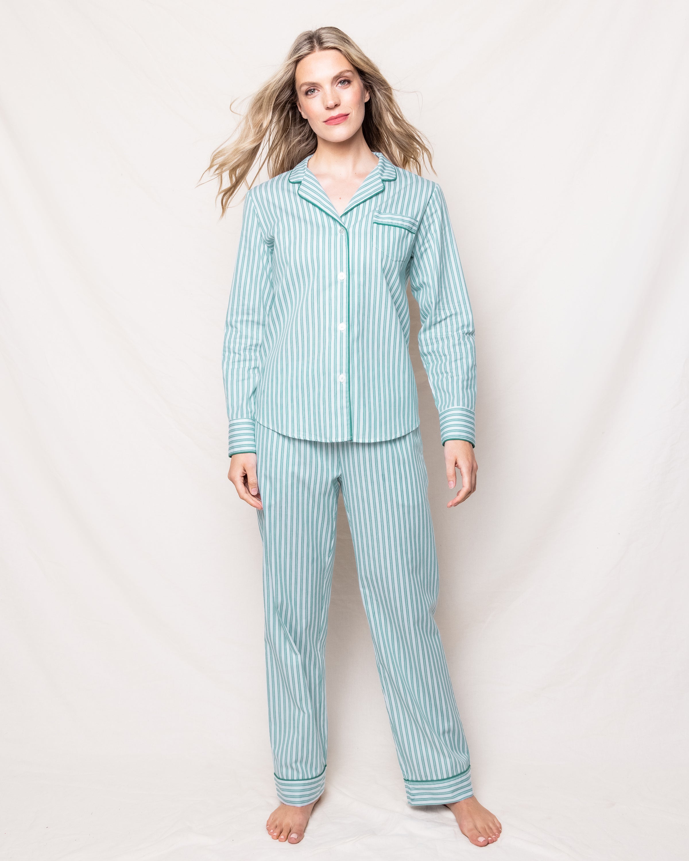 Women's Twill Pajama Set in Emerald Ticking