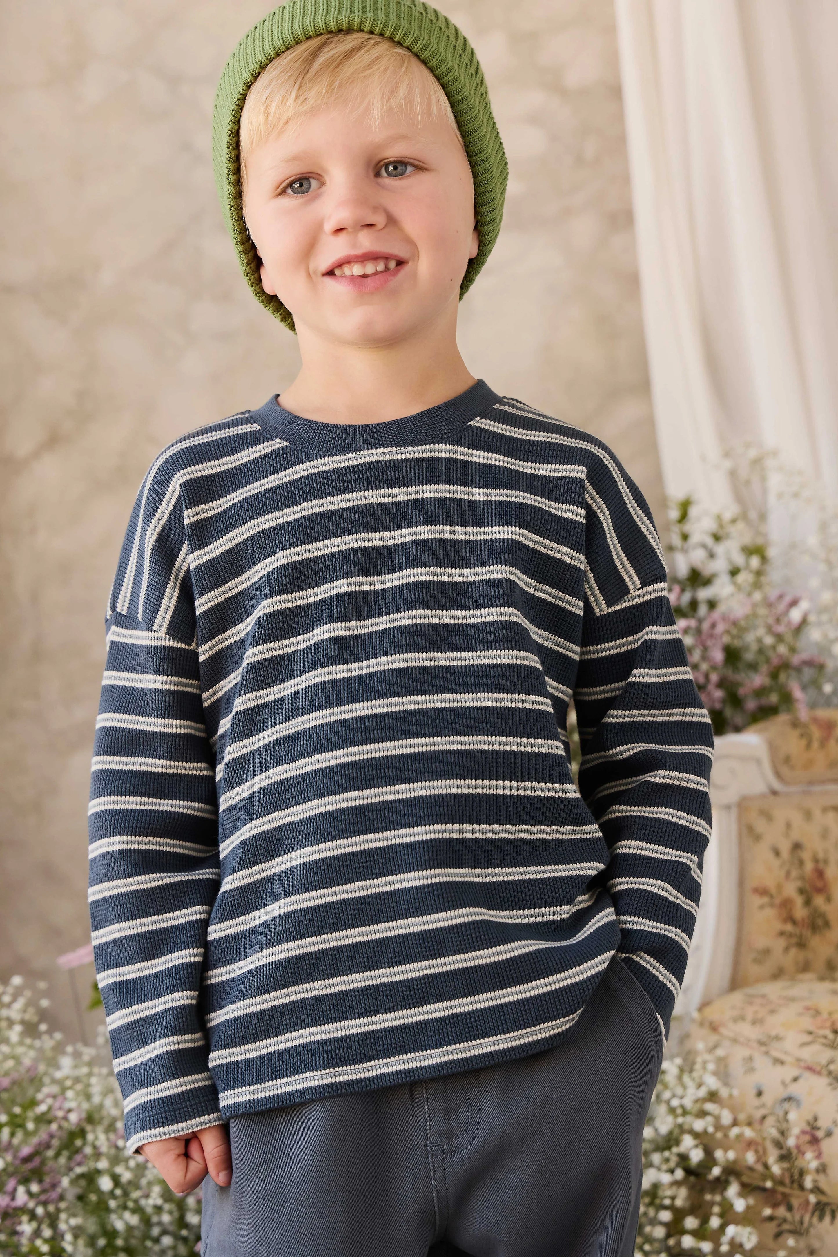 Organic Cotton Waffle Leith Long Sleeve Top - Dreamer Stripe Captain