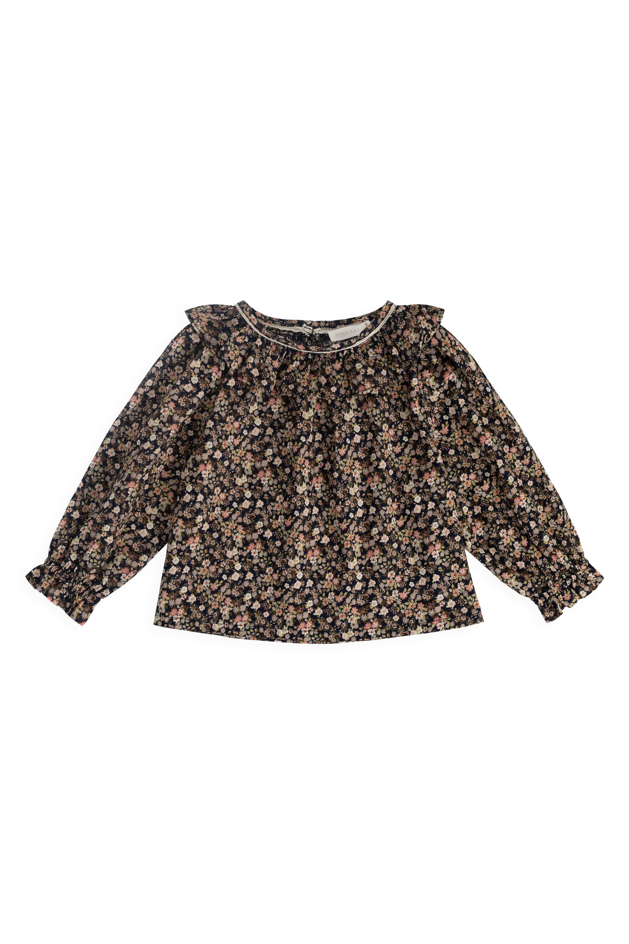 A long-sleeve blouse with a dense small floral print in beige, brown, and muted pink on a black background, featuring ruffled shoulder details.
