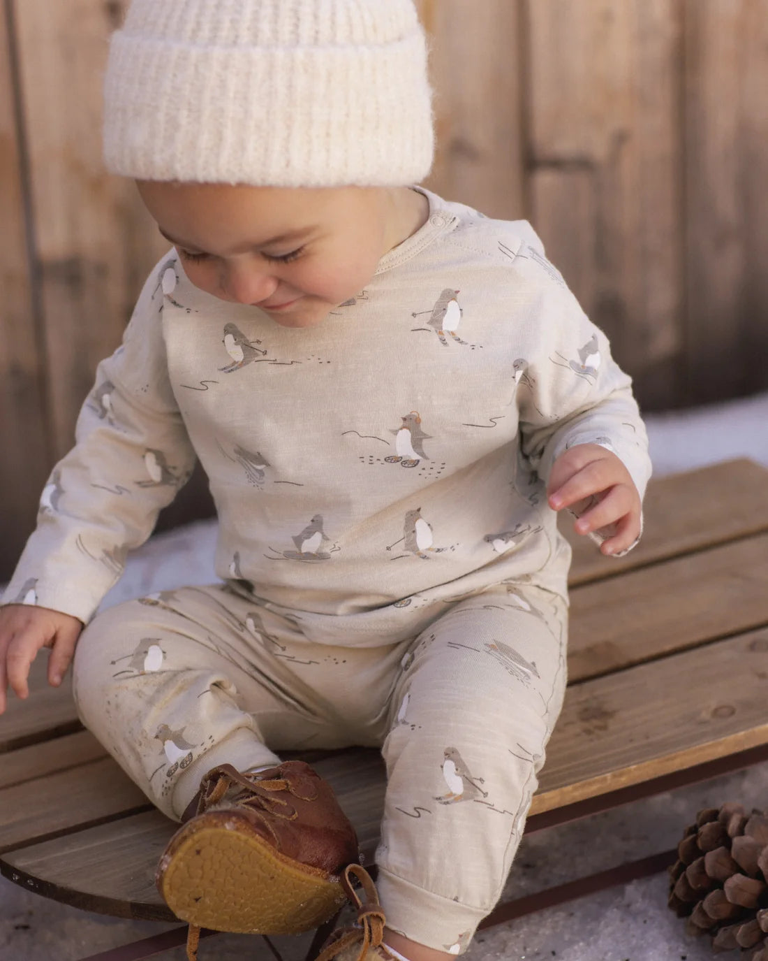 Long Sleeve Tee + Pant Set Skiing Penguins