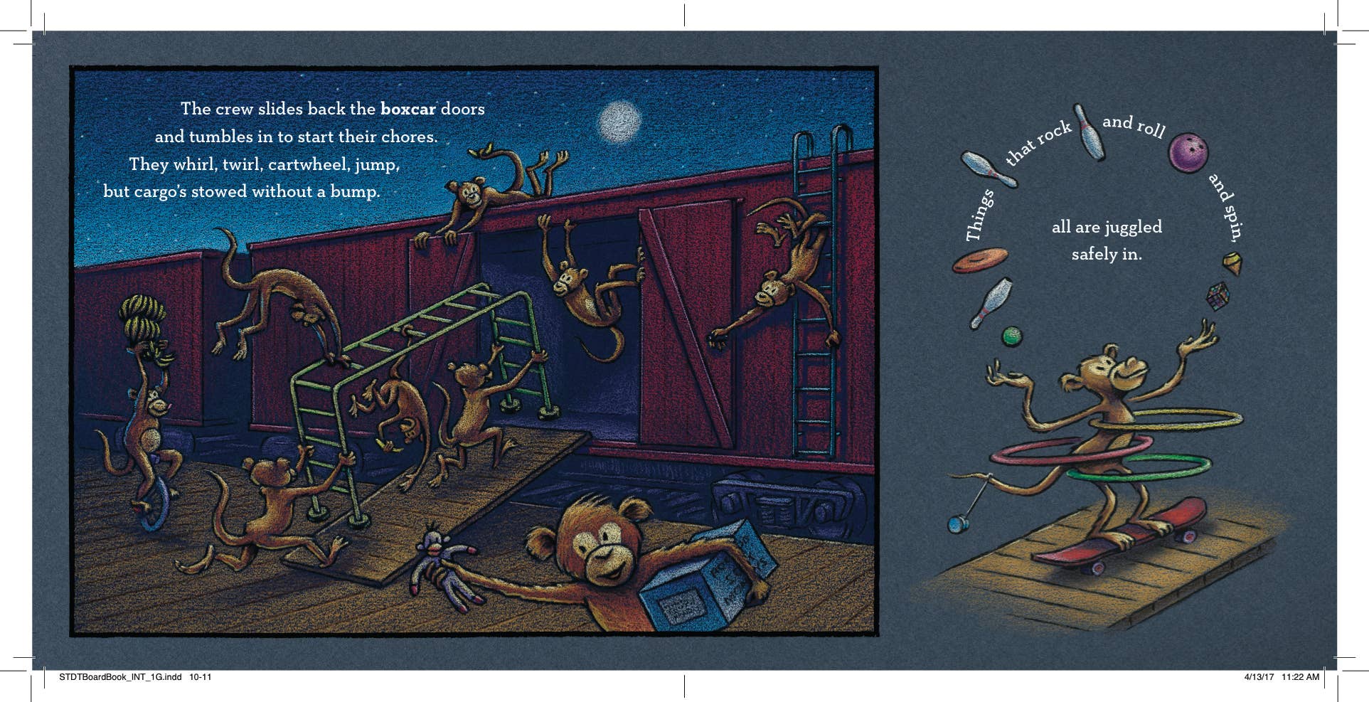 Illustrated book page with monkeys playing and a character juggling on a wooden platform.