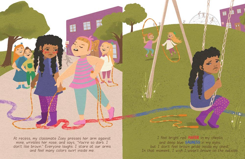 A children's book or art print featuring two illustrated scenes of a girl in a playground with classmates. The left panel shows her holding a rope while other kids play near purple buildings, and the right panel shows her sitting on a swing on a grassy hill.