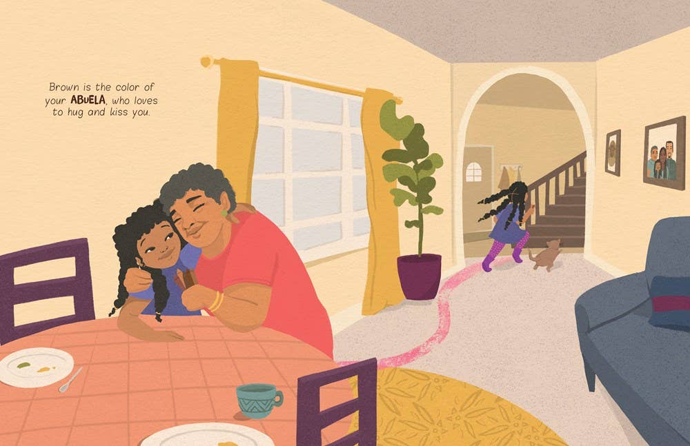 An illustrated interior scene showing a man and a child hugging at a dining table, with a child running up stairs in the background. The image includes a quote on the left and appears to be a digital illustration or art print rather than a standard product photo.