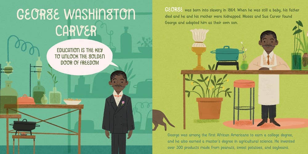 Illustration of George Washington Carver with educational elements and a green background