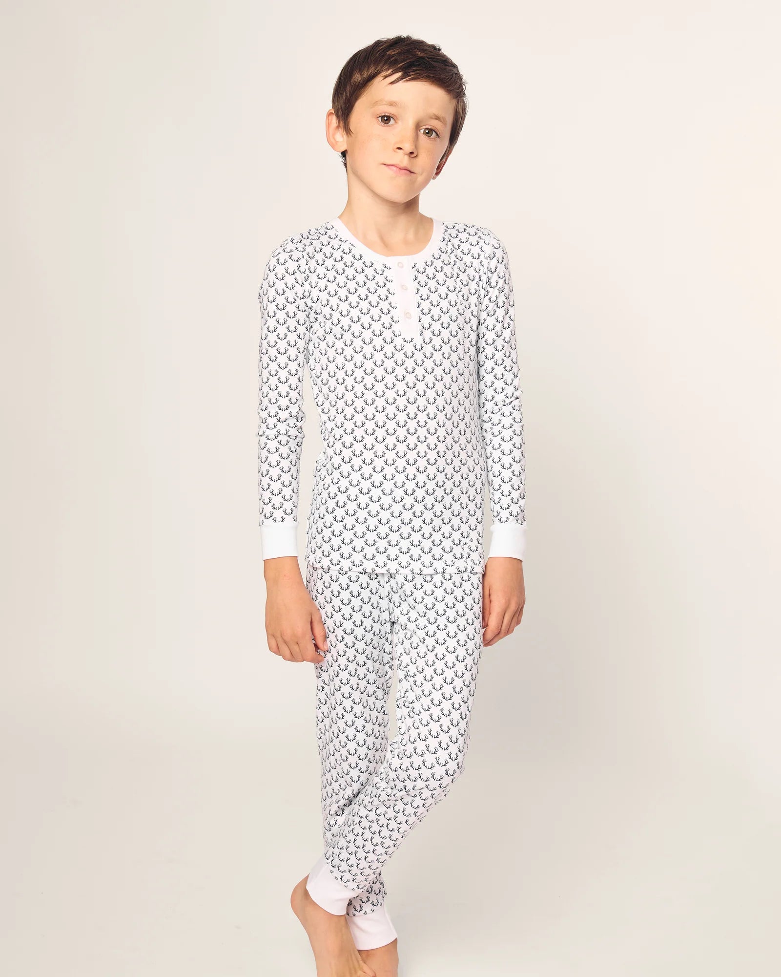 Kid's Pima Snug Fit Pajama Set in Nordic Antlers on White