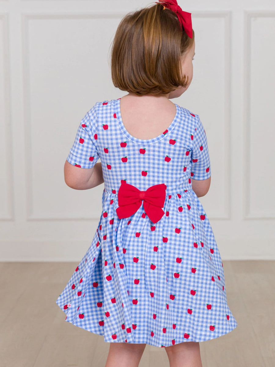 Apple Orchard Gingham Twirl Dress with Bow Back - RuffleButts + RuggedButts Baby & Toddler Clothing sold by Rosebud & Jo