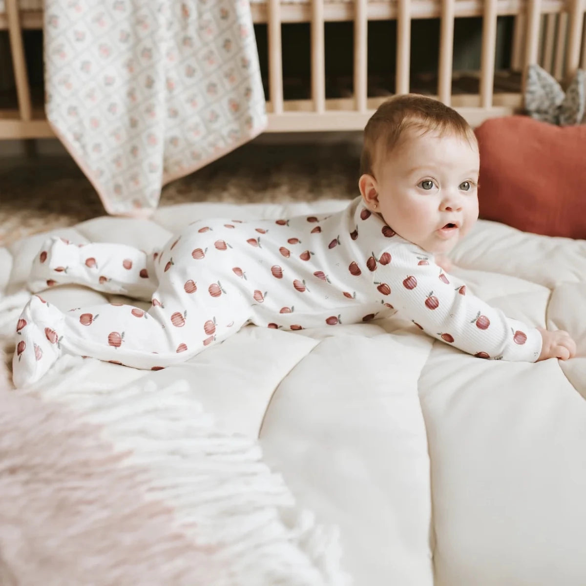 Apple Orchard Print on Off-White Ribbed Sleeper - Petite Lem Footies sold by Rosebud & Jo
