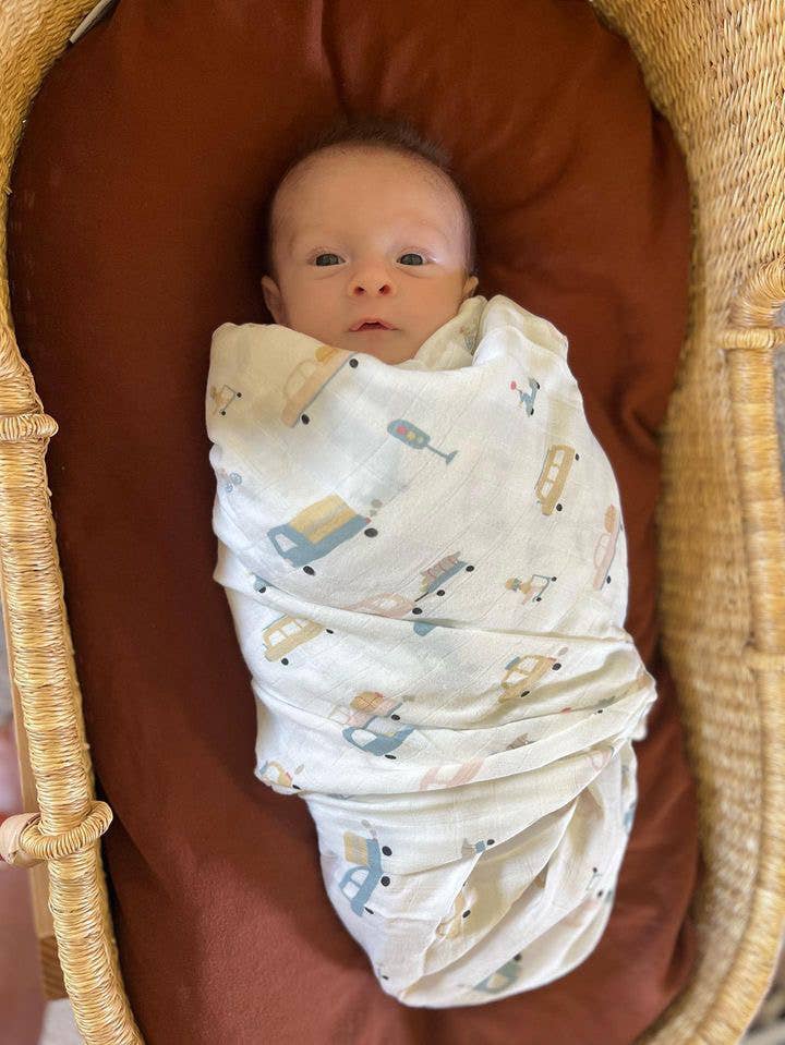 Automobile Muslin Swaddle Blanket – Bamboo & Organic Cotton - Ali+Oli Blanket sold by Rosebud & Jo