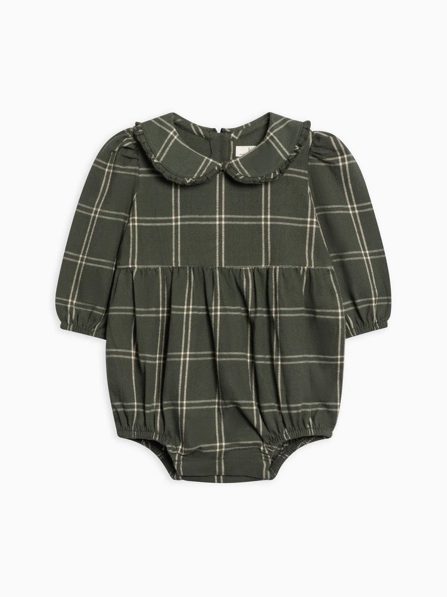 Aven Flannel Bubble Collared Romper in Pine Plaid - Kendi Baby & Toddler Clothing sold by Rosebud & Jo