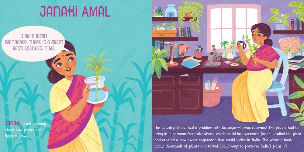 Illustrated book page with a woman holding a plant and text about Janaki Amal.
