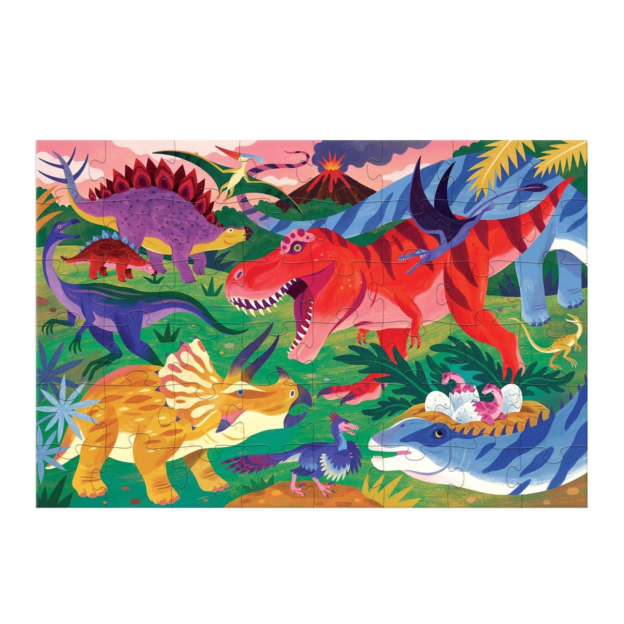 Colorful illustration of various dinosaurs in a prehistoric scene with mountains and plants.