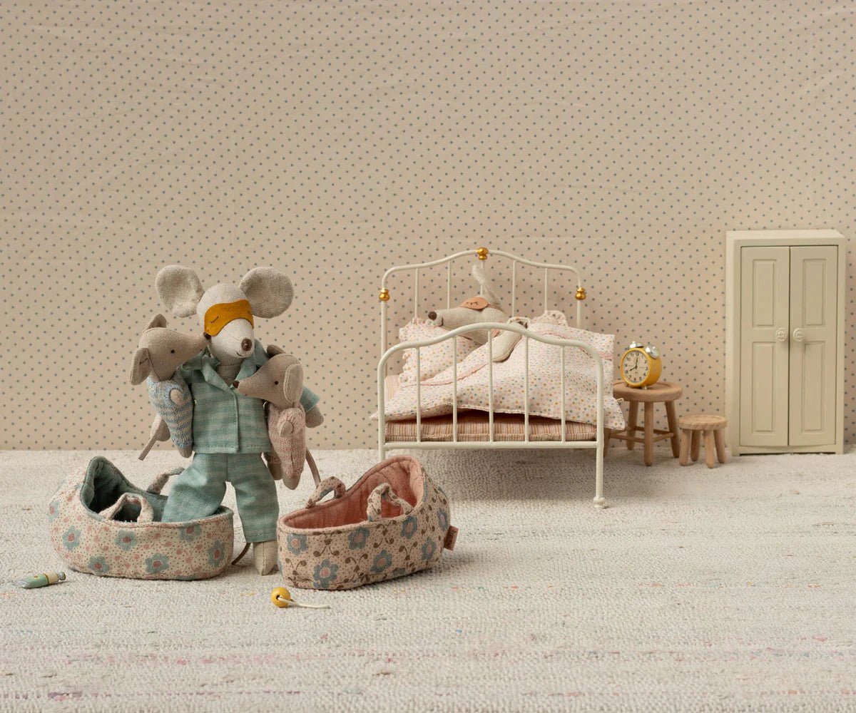 Baby mouse in carry cot - Rose - Maileg Toys sold by Rosebud & Jo