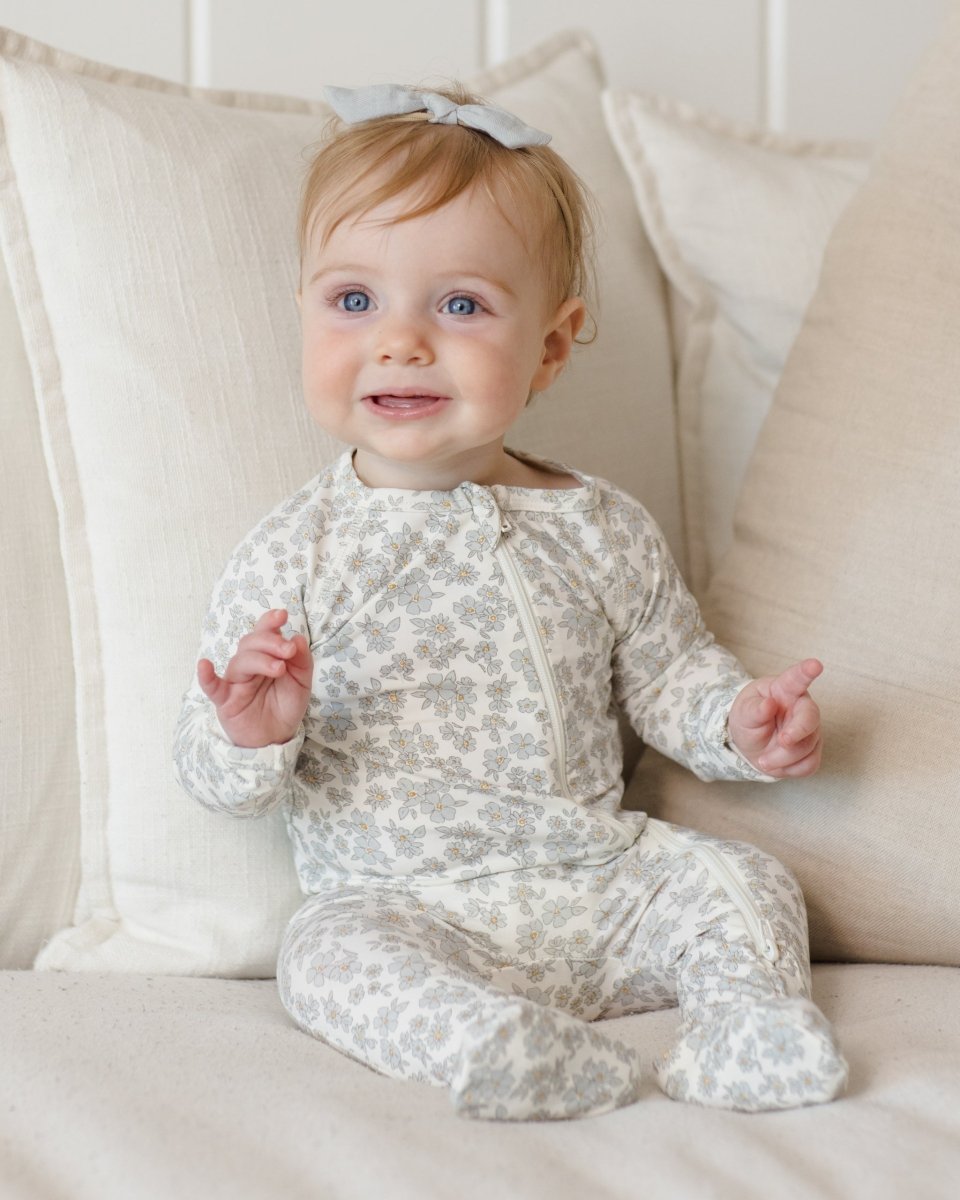Bamboo Zip Footie || Blue Floral - Quincy Mae Footies sold by Rosebud & Jo
