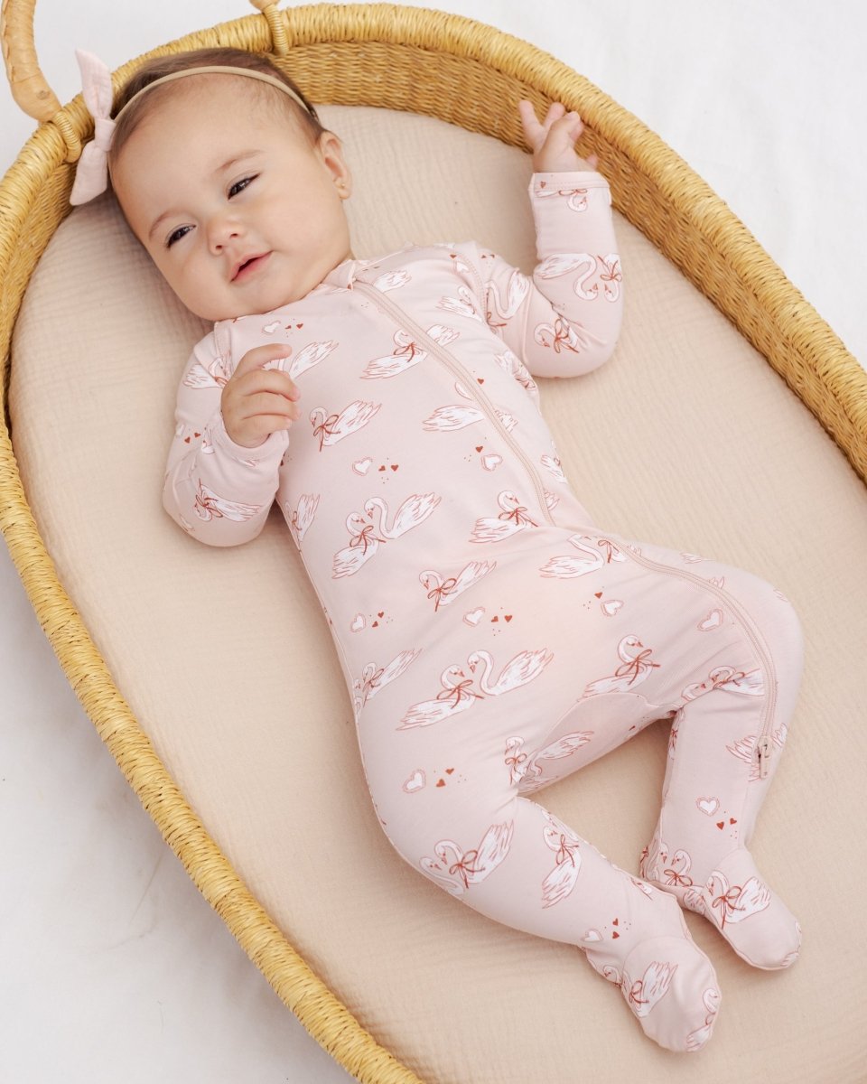 Bamboo Zip Footie || Swans - Quincy Mae Baby & Toddler Clothing sold by Rosebud & Jo