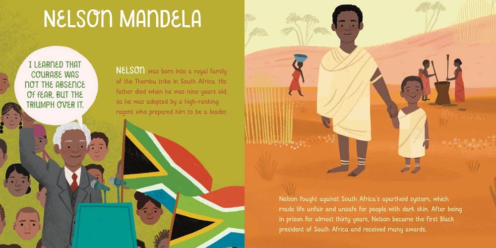 Illustrated book page about Nelson Mandela with text and graphics.