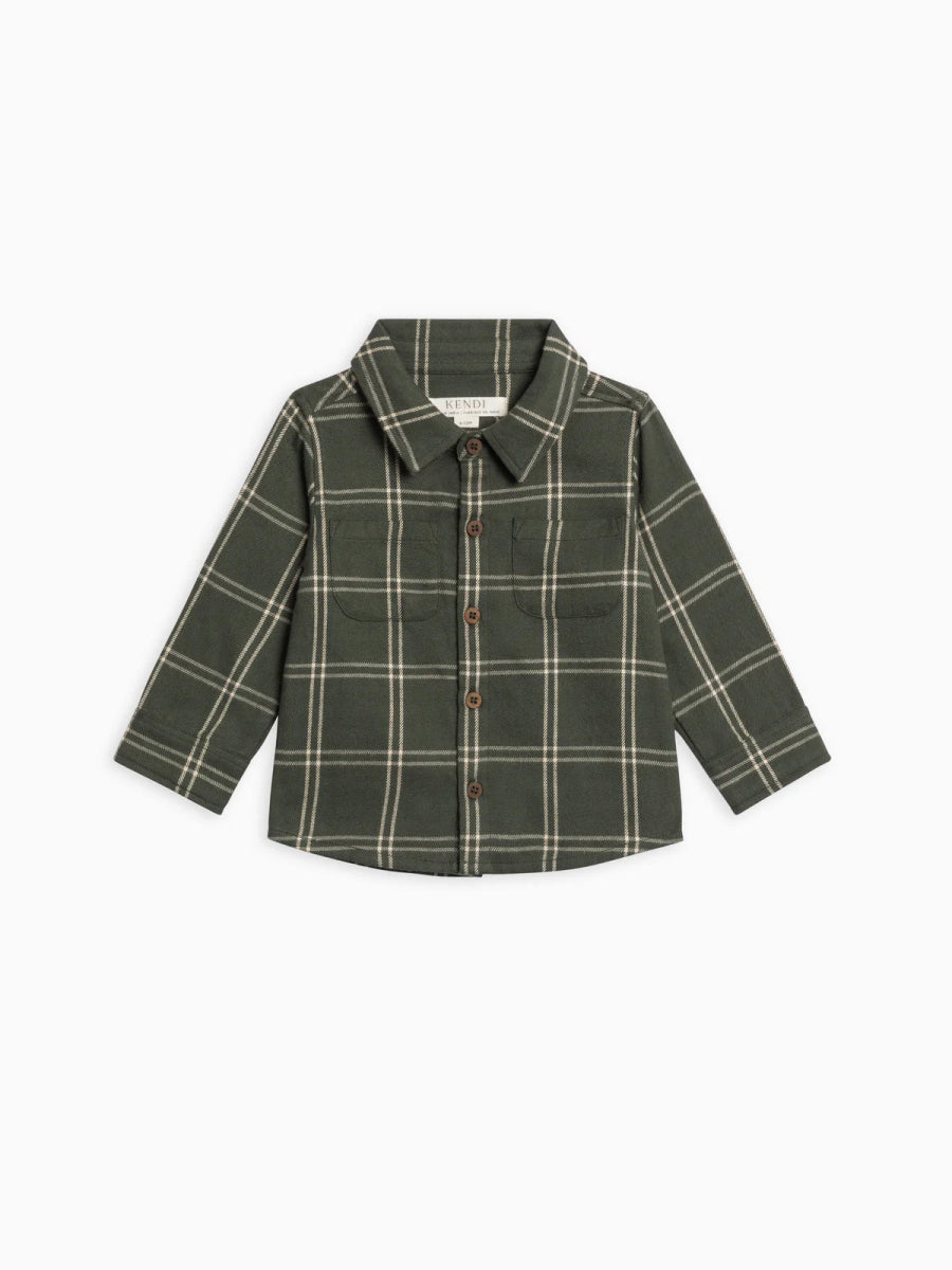 Berg Flannel Long Sleeve Collared Button Down Shirt in Pine Plaid - Kendi Baby & Toddler Clothing sold by Rosebud & Jo