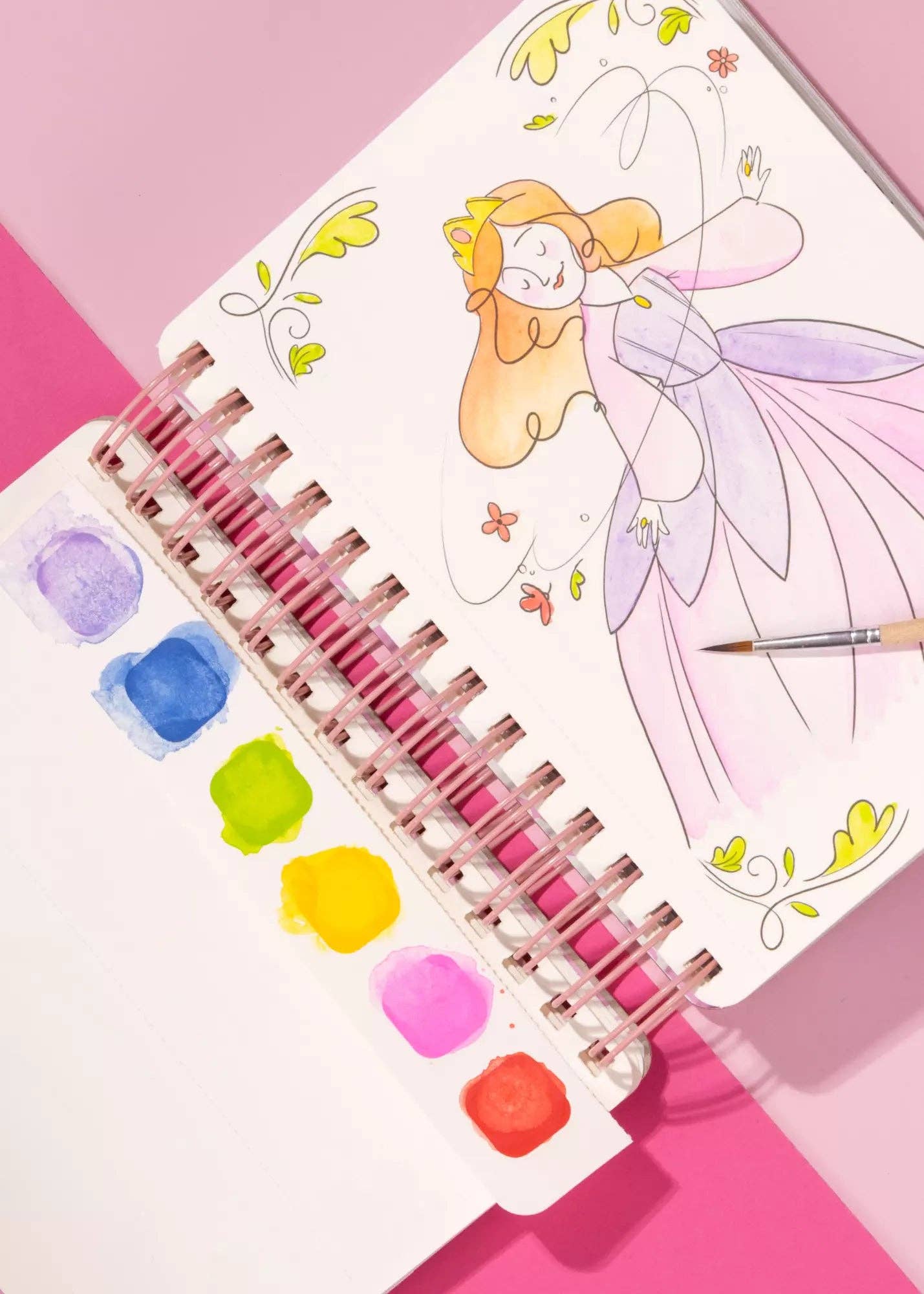 Colorful paint swatches with a fairy illustration on a pink background
