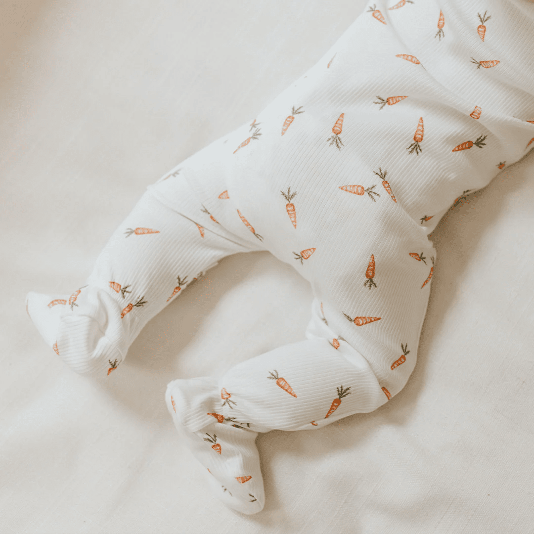 Carrots Print on Off - White Ribbed Sleeper - Petite Lem Footies sold by Rosebud & Jo
