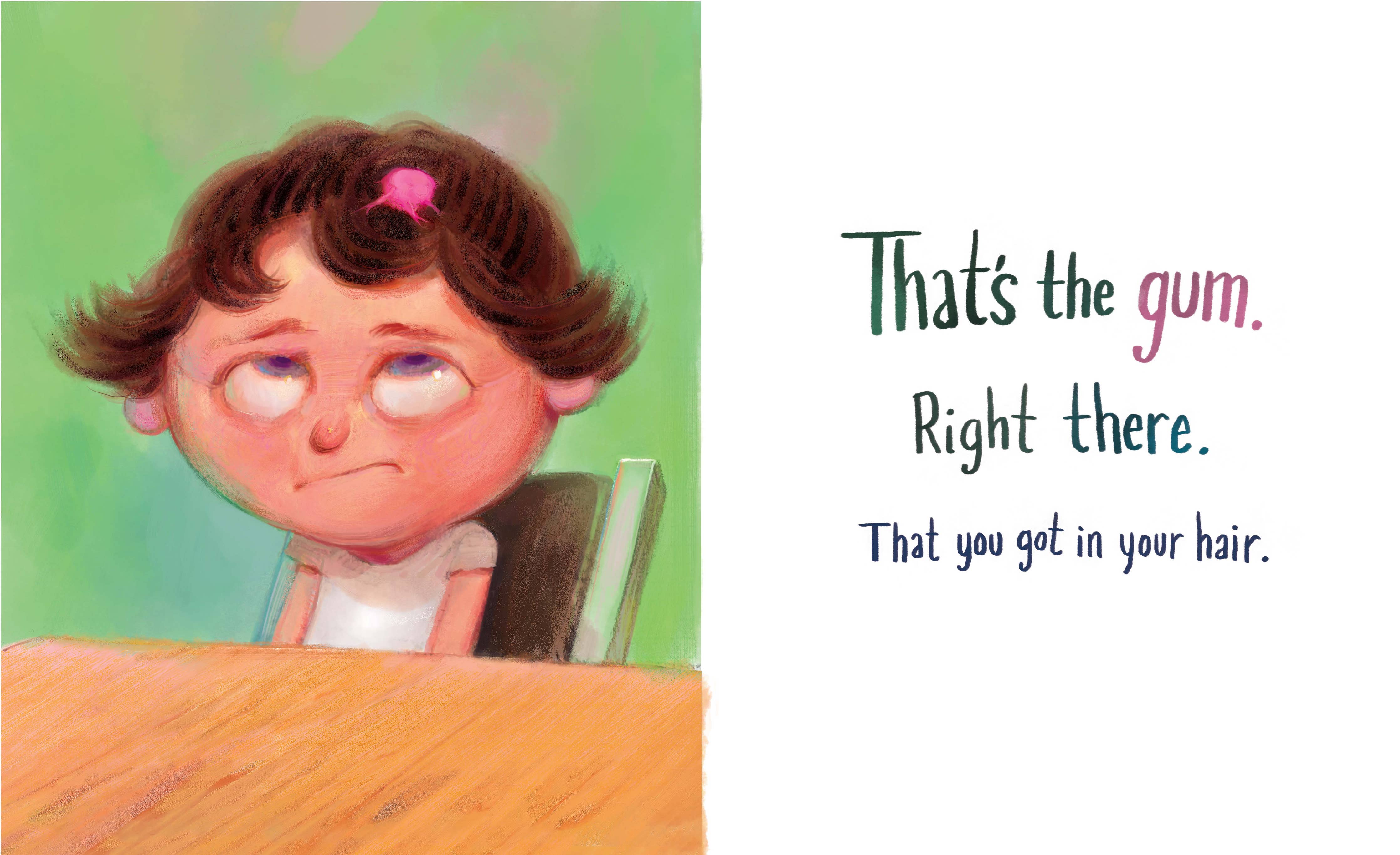 Cartoon character with a sad expression and text about gum in hair