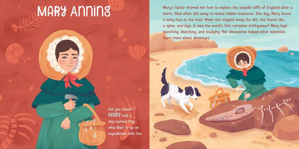 Illustrated book page about Mary Anning with a portrait and beach scene.