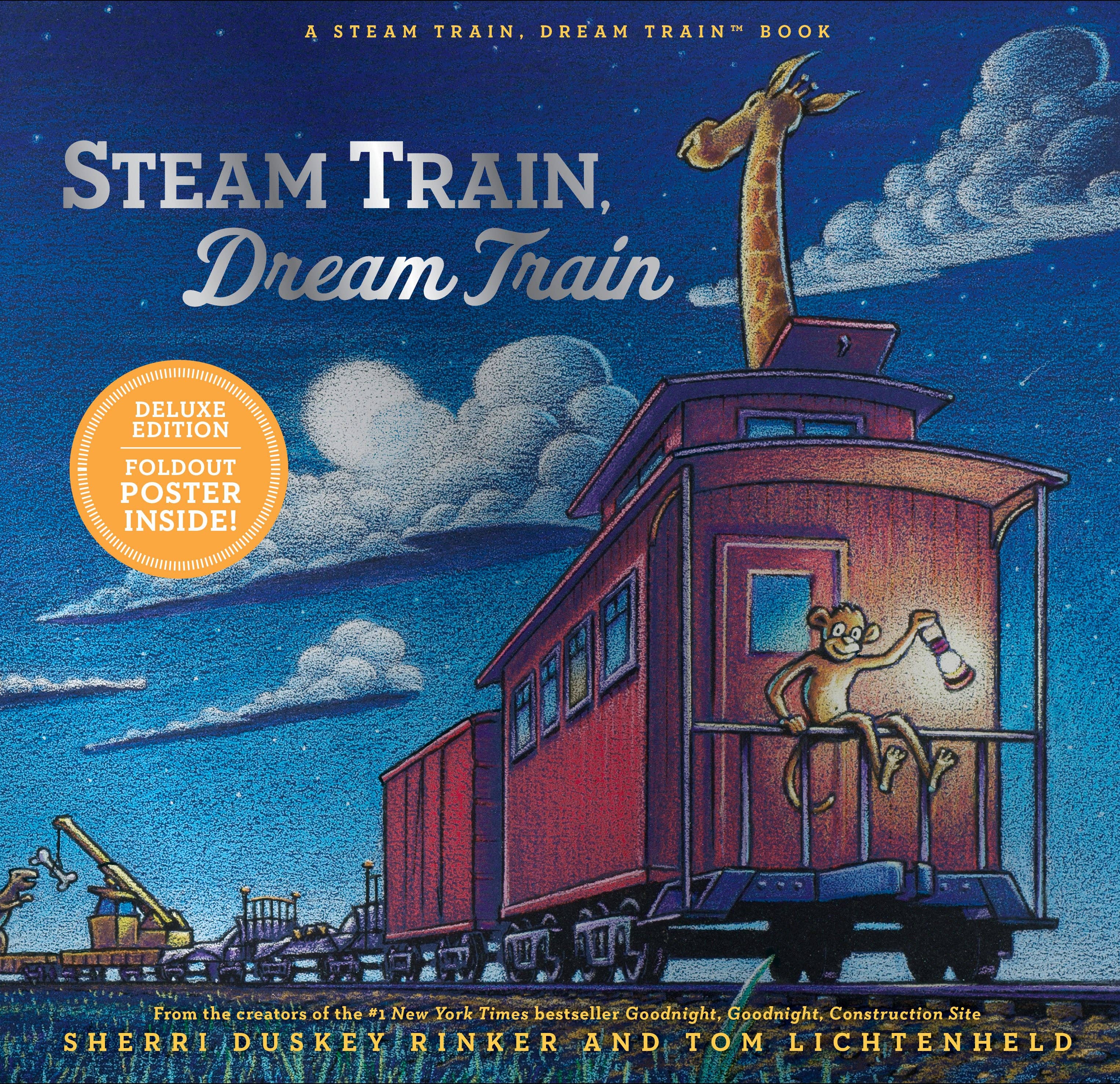 Book cover of 'Steam Train, Dream Train' with a red train car and monkey illustration against a night sky.