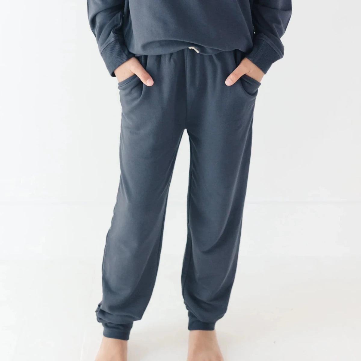 Dark Navy Bamboo French Terry Joggers - Brave Little Ones Bottoms sold by Rosebud & Jo