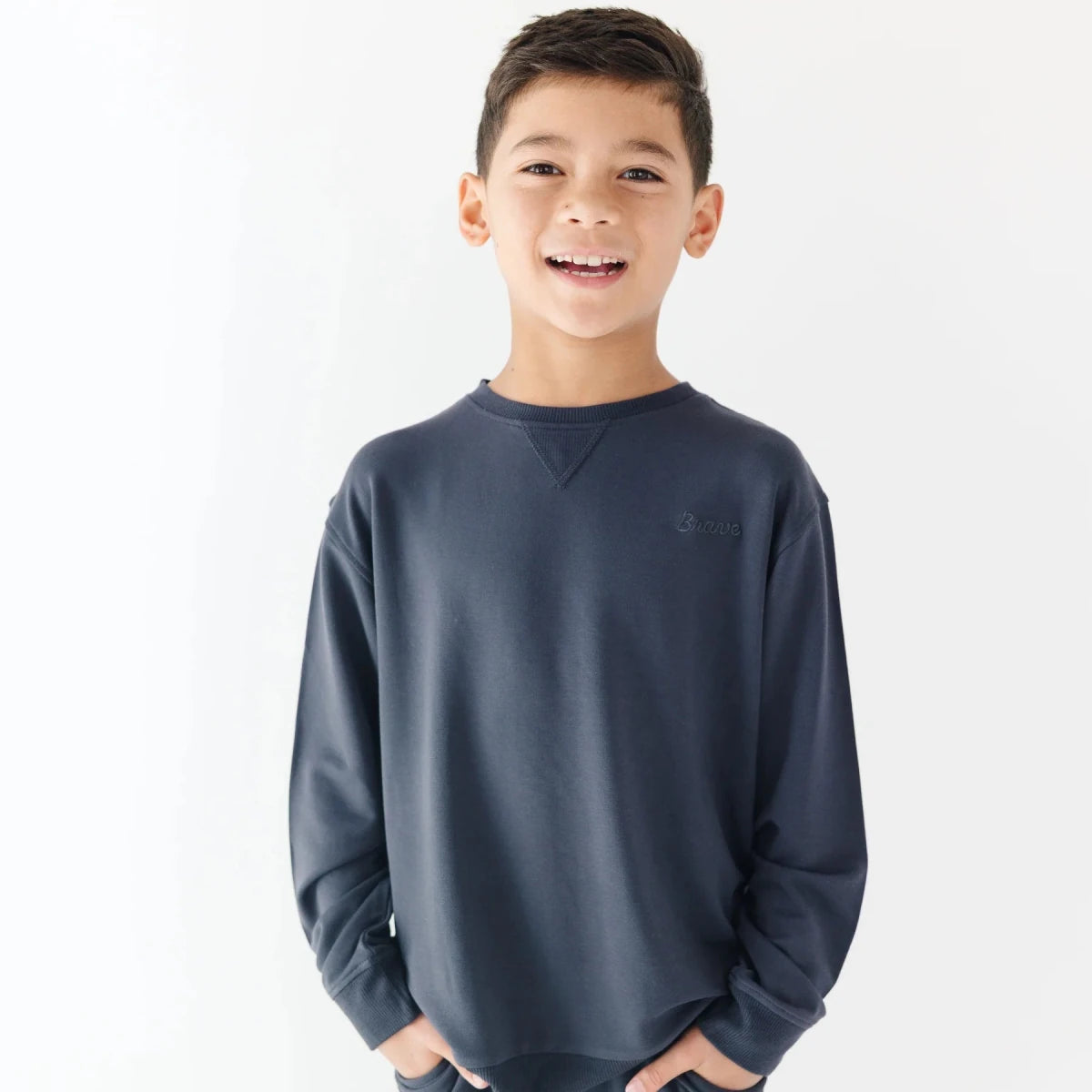 Dark Navy with Brave Embroidered Bamboo French Terry Pullover - Brave Little Ones Tops sold by Rosebud & Jo