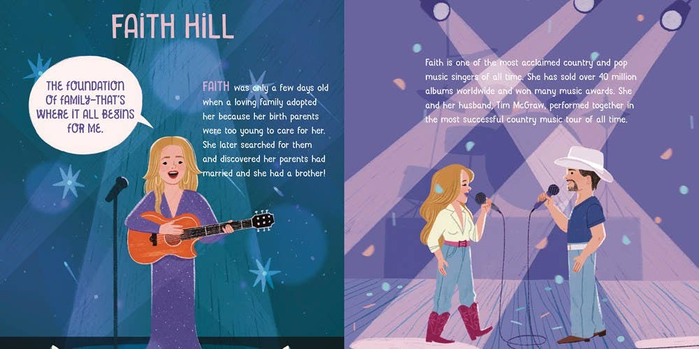Illustrated book page with a woman playing guitar and a man singing on stage.