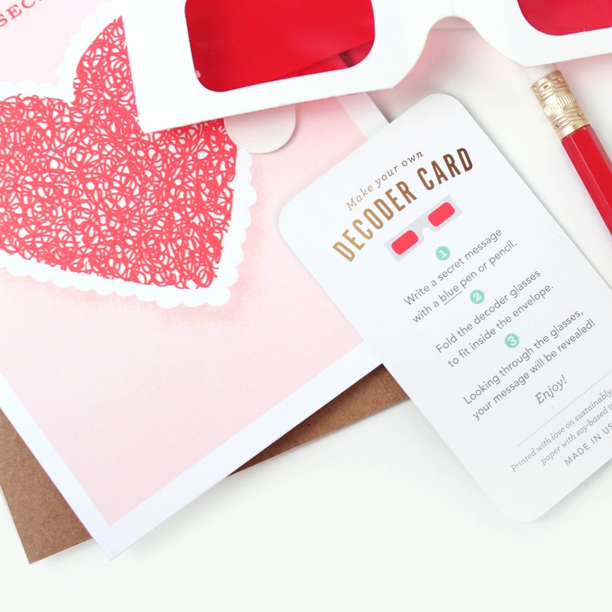 Decoder Card - Top Secret Heart/Love - Inklings Paperie Card sold by Rosebud & Jo