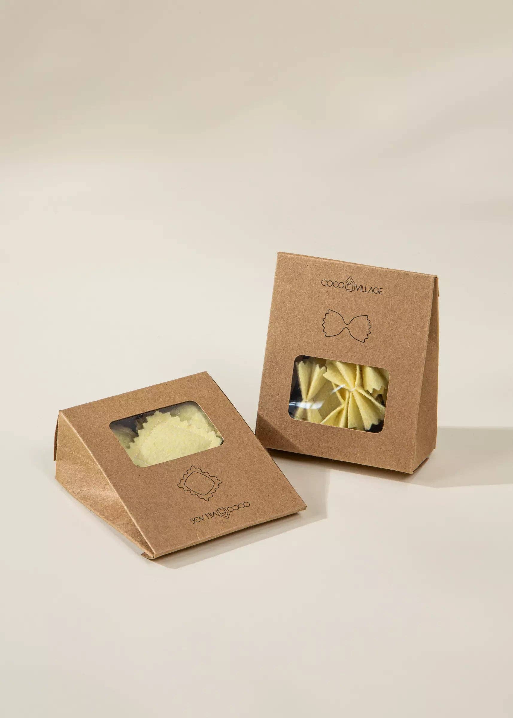 Two triangular cardboard boxes for pretend pasta