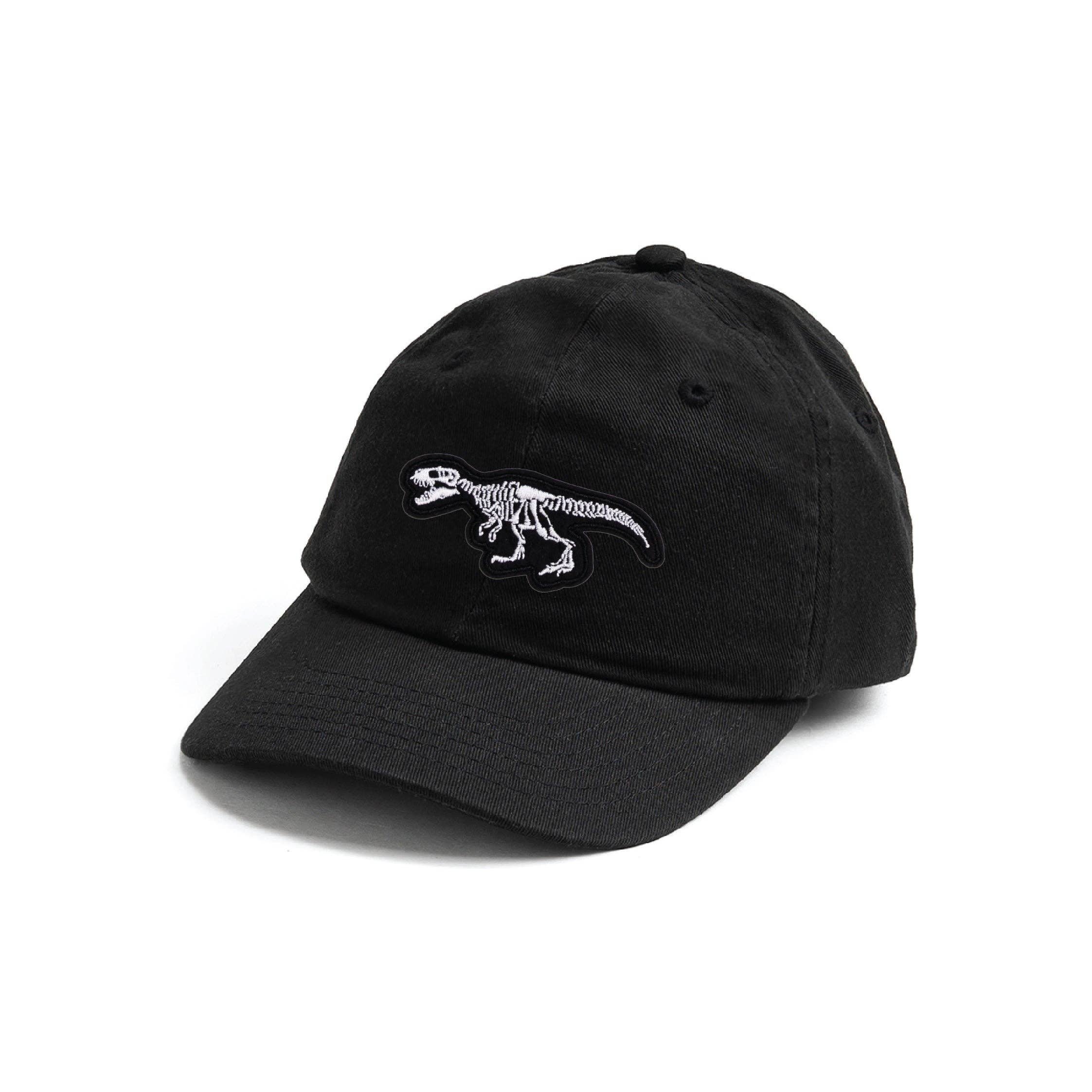 Black distressed baseball cap with a dino on a white background