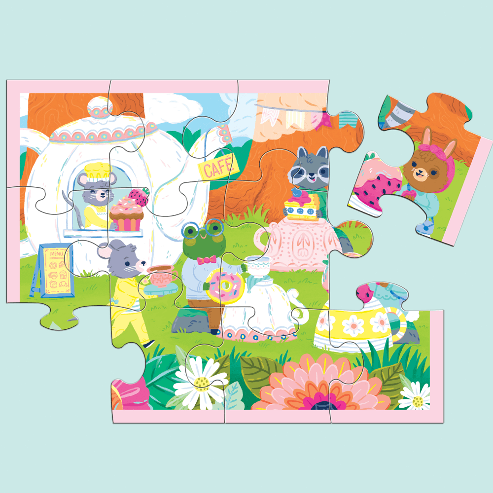 Children's puzzle with cartoon animals and objects on a light blue background