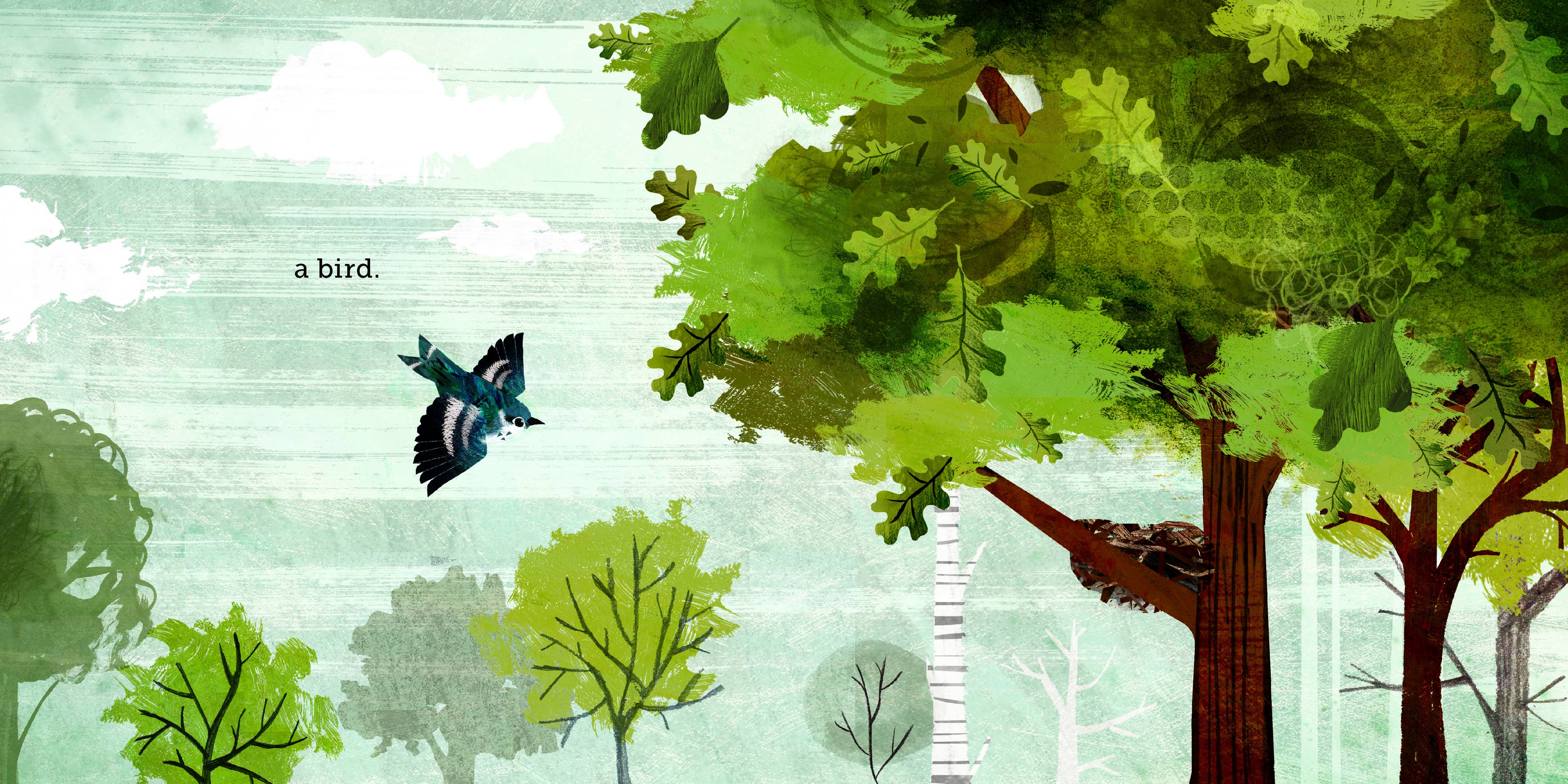 Illustration of a bird flying over trees with a nest.
