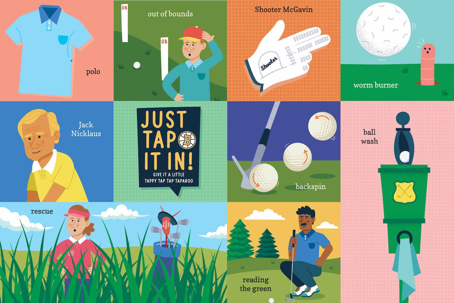 Illustrated collage of golf-themed items and scenes with text and graphics.